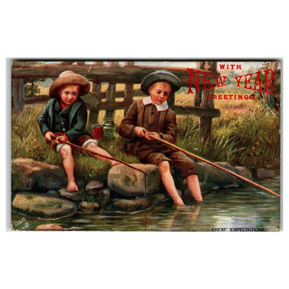 Raphael Tuck Oilette New Year Postcard Boys Fishing "Great Expectations" 1910